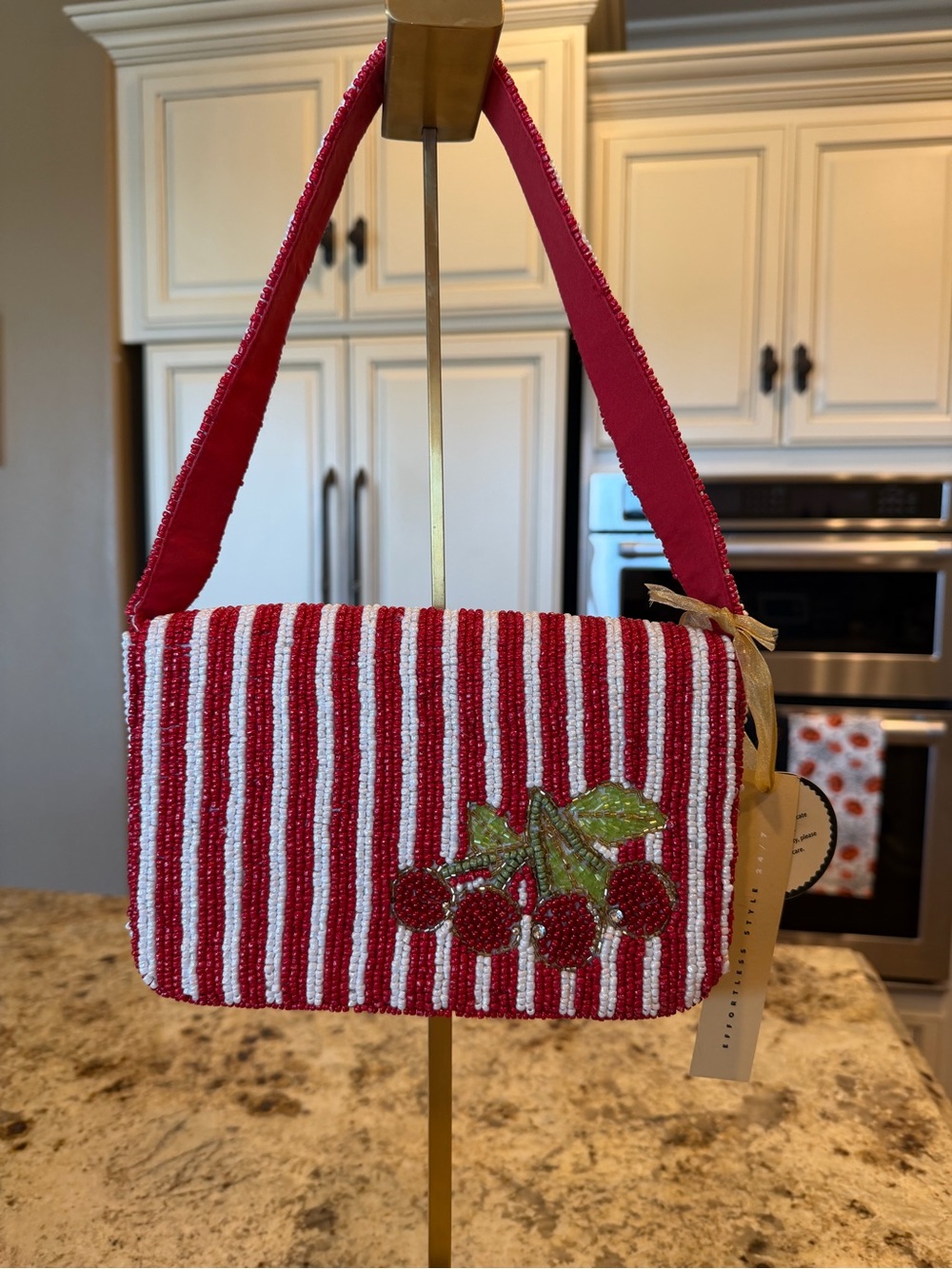 Red Striped Beaded Cherry Shoulder Bag